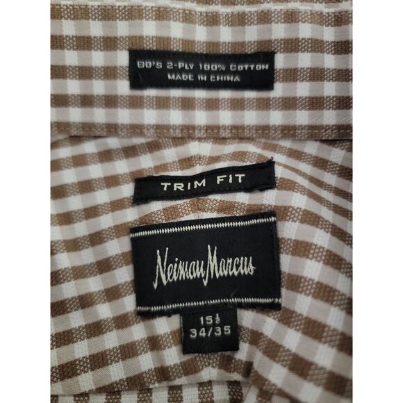 Neiman Marcus Mens Brown & White Gingham Cotton Trim Fit Dress Shirt Size 15.5 3 - Picture 3 of 4